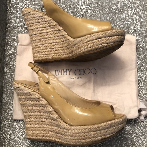 JIMMY CHOO Espadrilles Wedge Straw Nude Patent Leather Size 38, 1-4.5” Sm stain - Picture 4 of 10